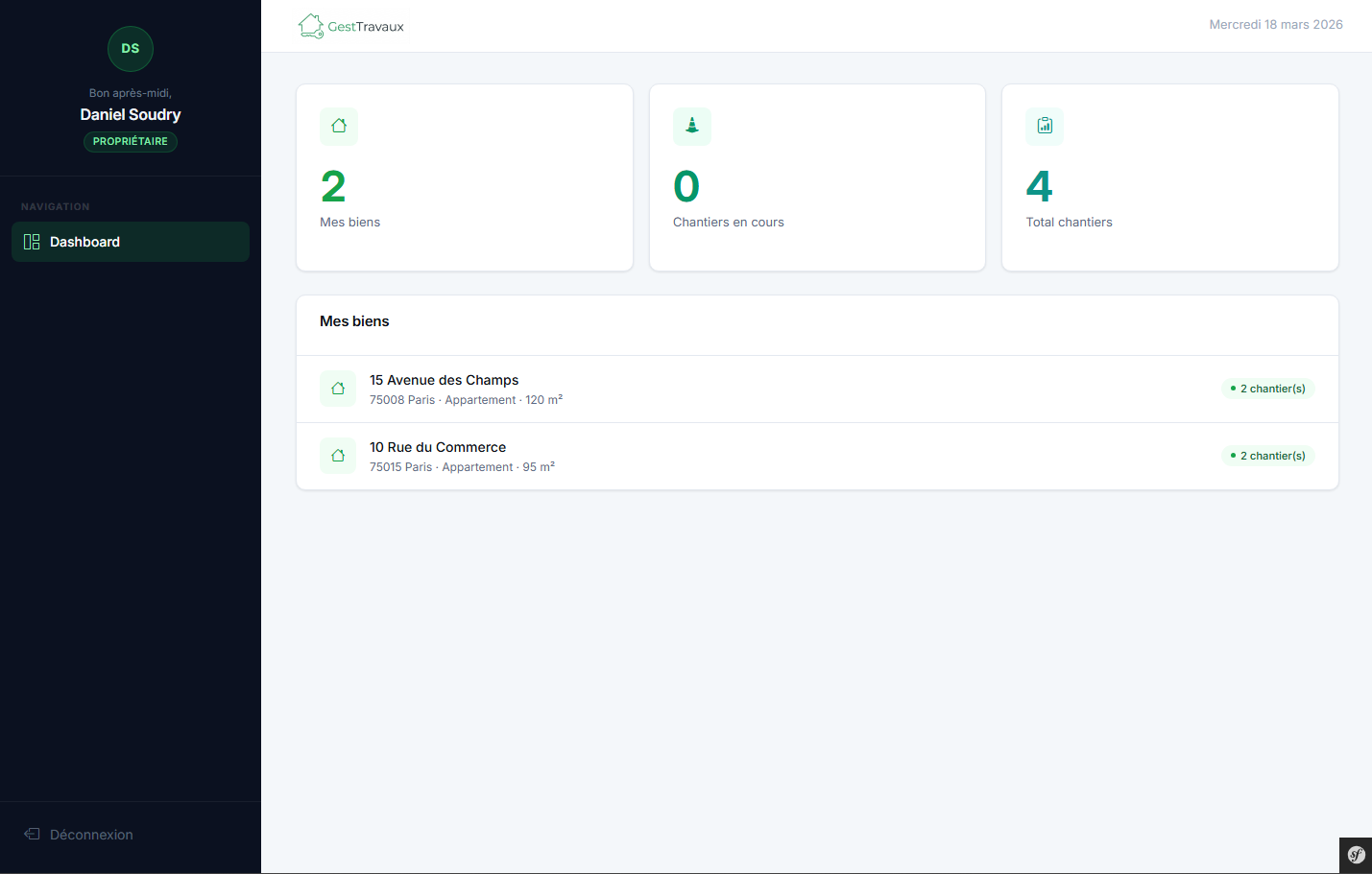 Profil propriétaire GestTravaux
